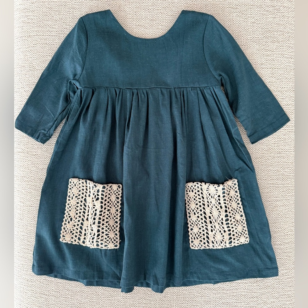 Girls 5T Teal Dress with Crochet Pockets
